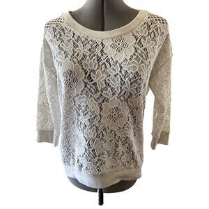 Express Womens Ivory Floral Lace 3/4 Sleeve Pullover Top Small